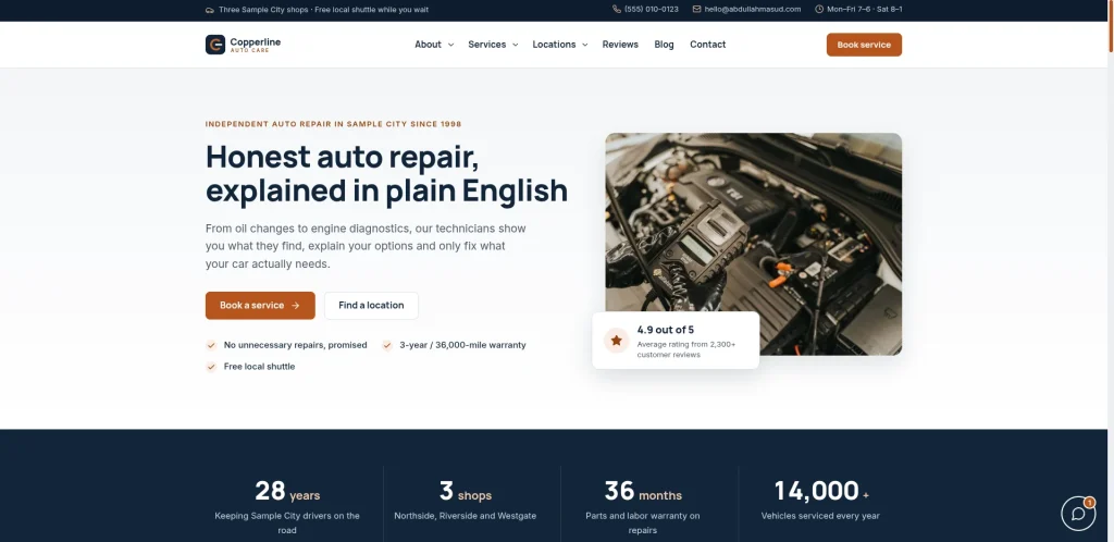 Copperline Auto Care demo website homepage