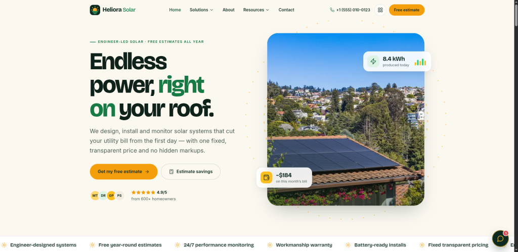 Heliora Solar demo website homepage