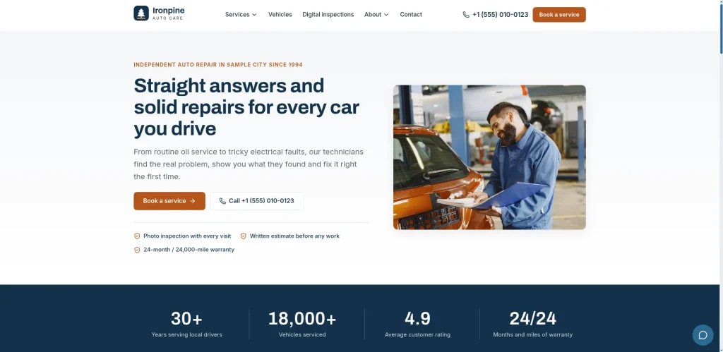 Ironpine Auto Care demo website homepage