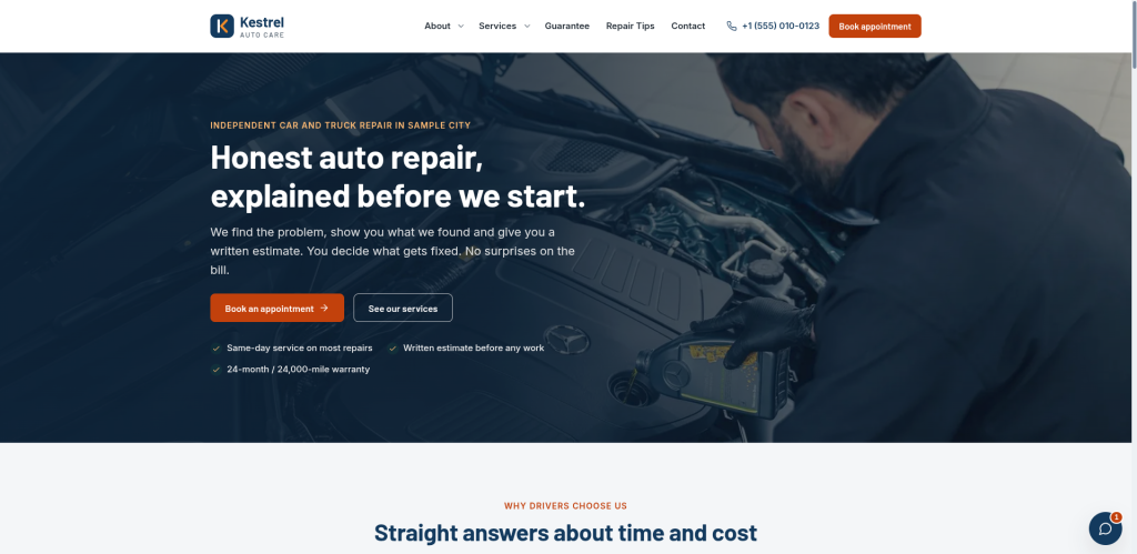 Kestrel Auto Care demo website homepage