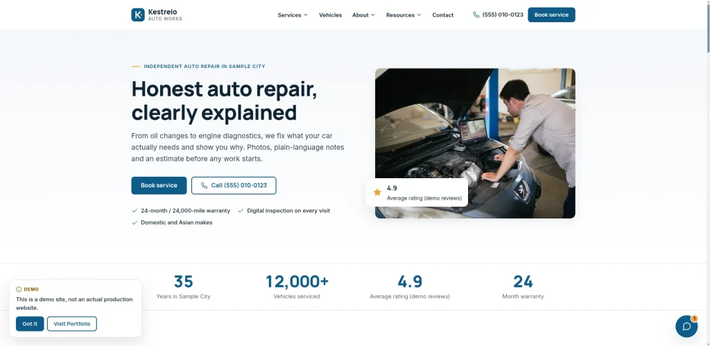 Kestrelo Auto Works demo website homepage