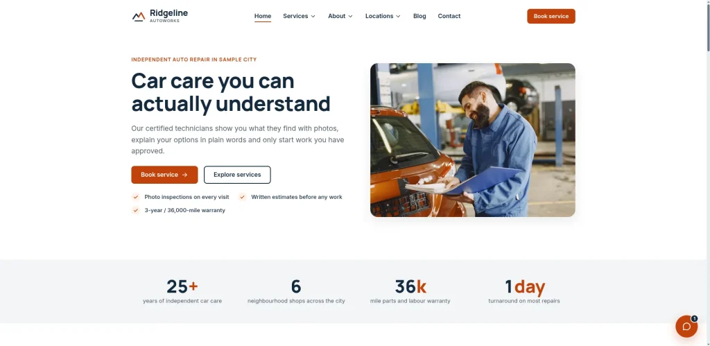 Ridgeline Autoworks demo website homepage
