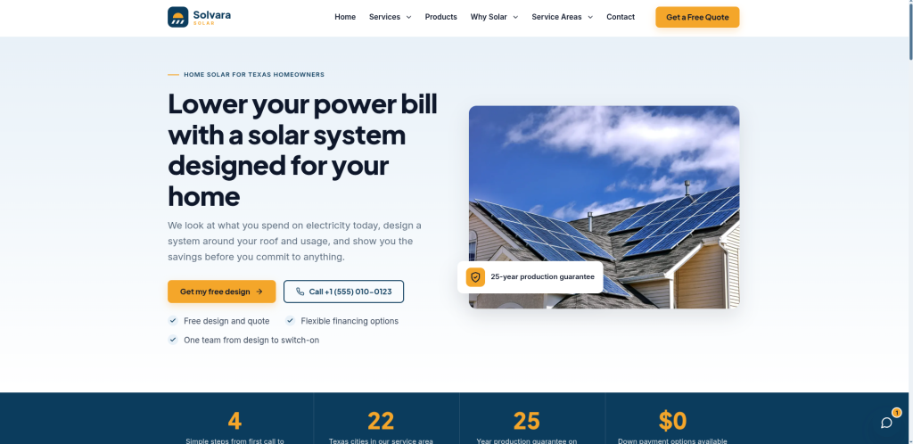 Solvara Solar demo website homepage