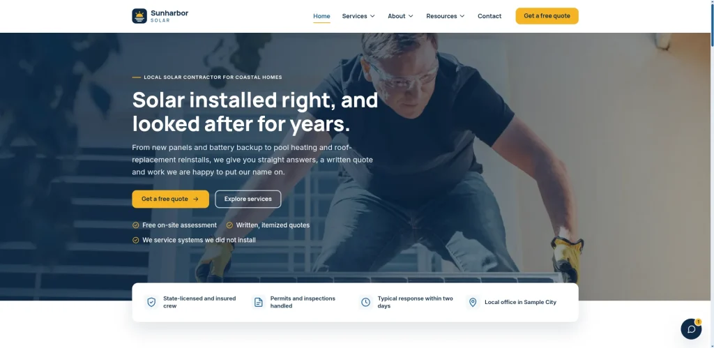 Sunharbor Solar demo website homepage