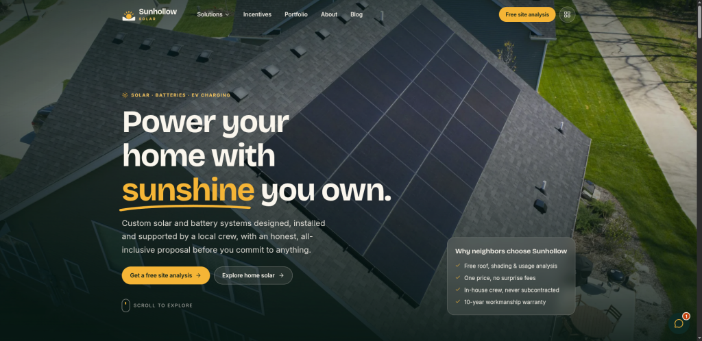 Sunhollow Solar demo website homepage