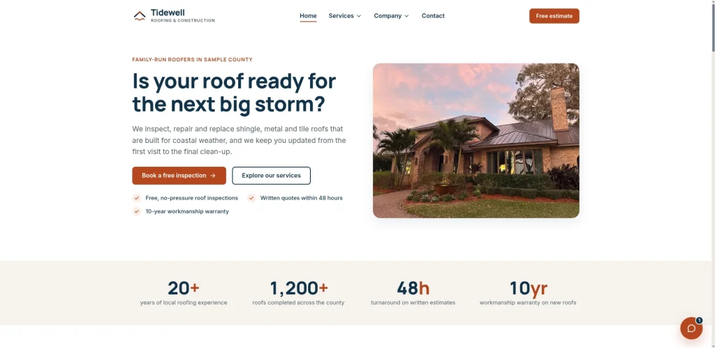 Tidewell Roofing & Construction demo website homepage